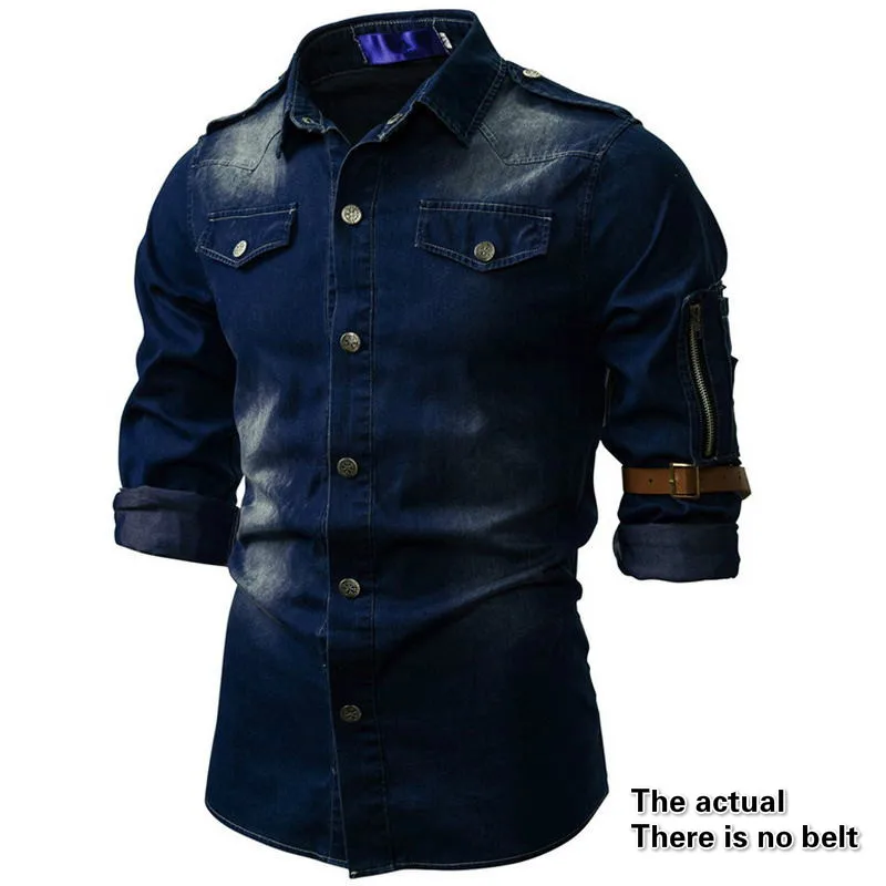 Chemise en denim à col rabattu pour hommes, chemise boutonnée multi-poches, mince, manteau mince, vêtements pour hommes, mode décontractée, nouveau,