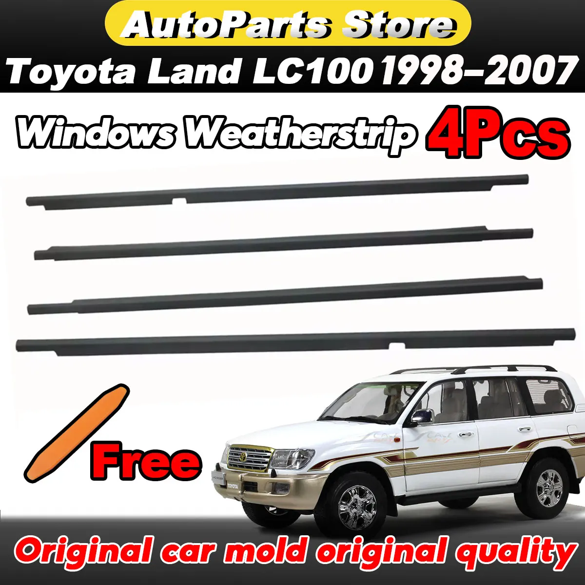 4PCS Outside Windows Rubber Weatherstrip Door Seal Belt Moulding Trim For Toyota Land Cruiser LC100 LX450 1998-2007 Black