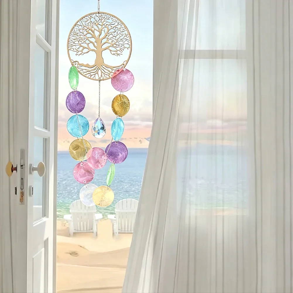 Capiz Shell Wind Chimes Waterfall Wood Tree of Life Mesmerizing Rainbow Crystal Suncatcher Boho Hanging Meditation Window Decor