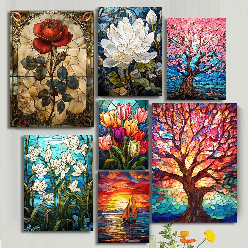 Stained Glass Style Tree Mountain Landscape Canvas Painting Tulip Rose Cherry Blossom Flowers Boat Poster Print Wall Home Dec