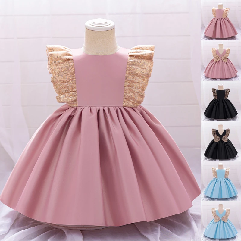 

Baby Girl Baptism Newborn Photography Clothing Sequin Bow Pink Toddler Summer Dress Kids Christening Children Princess Ball Gown