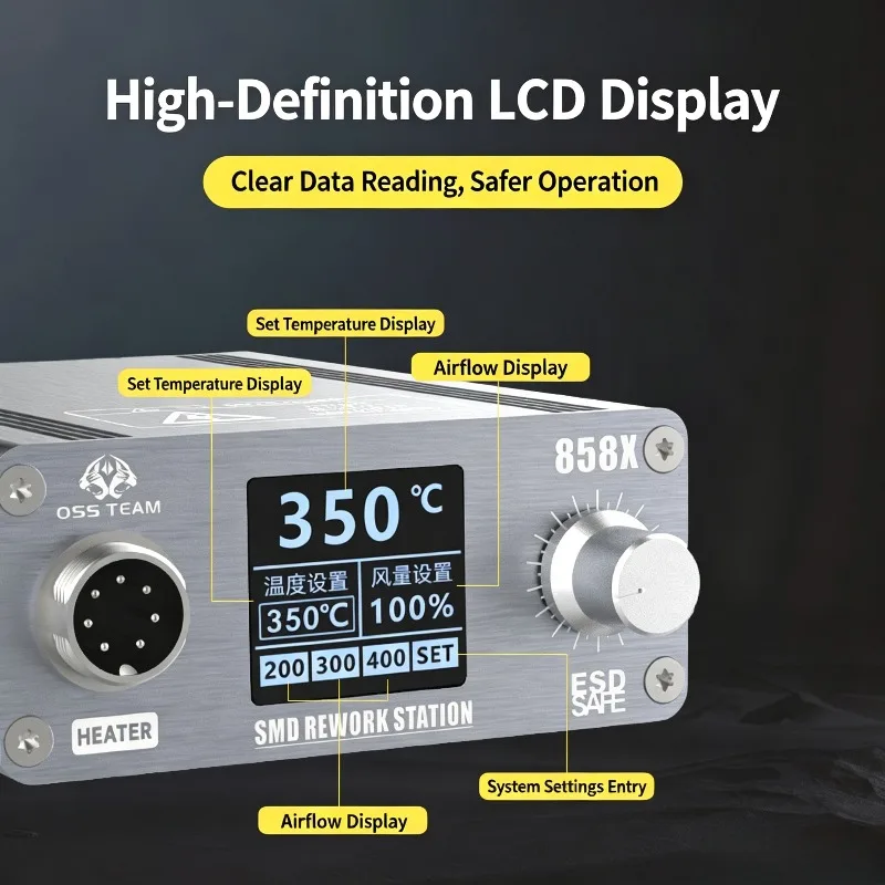 OSS 858X Hot Air Rework Station 800W ESD HD LCD Display SMD BGA Desoldering Gun for Phone PCB Electronic Repair Tools