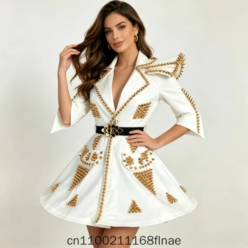 Modern Dance Dress New Puff Skirt Personalized Shoulder Pad Skirt White Suit Skirt Guest Singer Stage Performance Dress