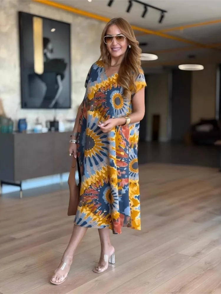 فستان نسائي صيفي بنمط عرقي أنيق بأكمام قصيرة مطبوع أنيق فستان فضفاض غير رسمي فساتين حفلات المكتب والعطلات