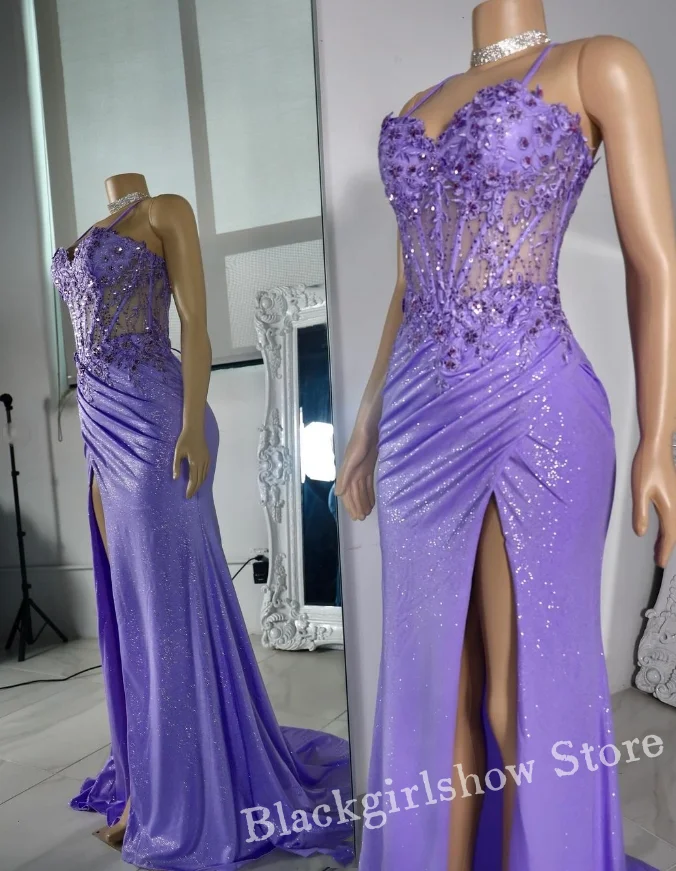 Luxury Lilac Purple Glitter Prom Dress 2024 For Women Sexy Bustier Sheer Appliqué High Split Dress vestidos de noche