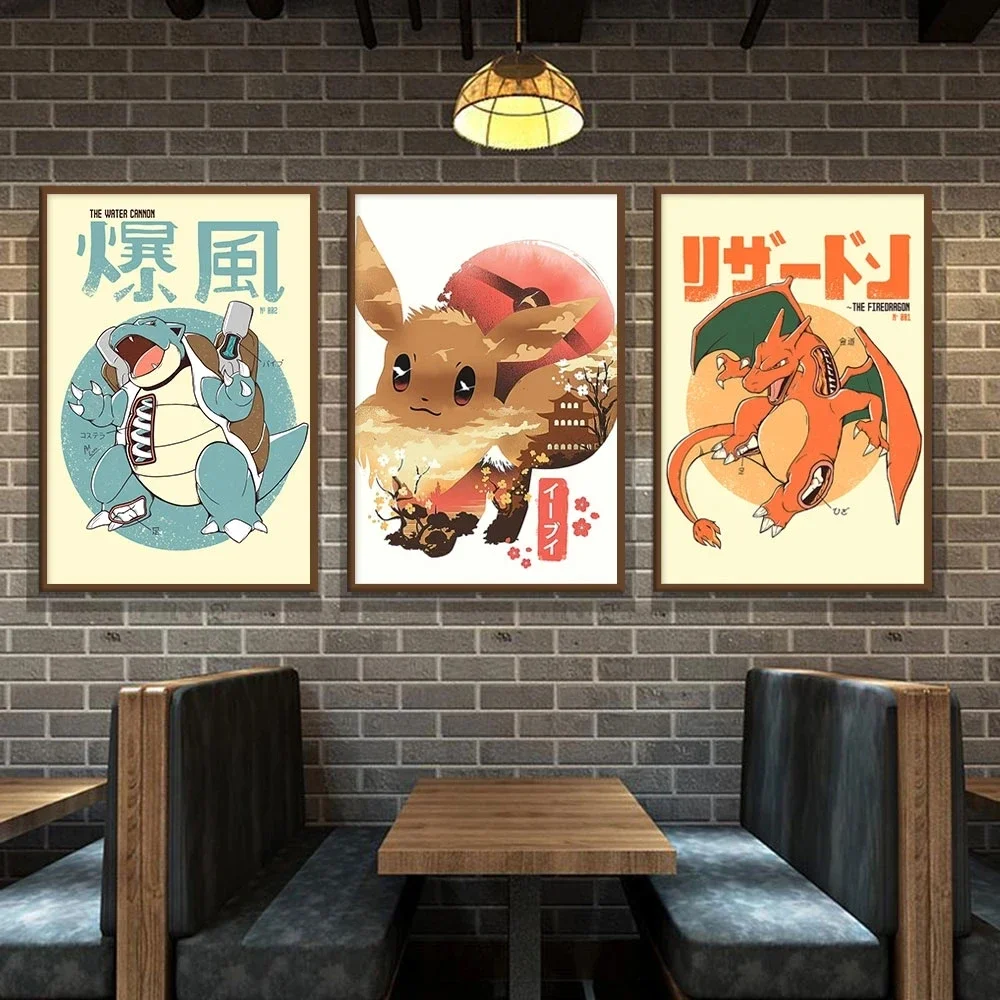 

Pokemon Peripheral Charizard Pikachu Eevee Poster for Wall Vintage Anime Art Canvas Painting Kawaii Picture for Baby Decor Gift