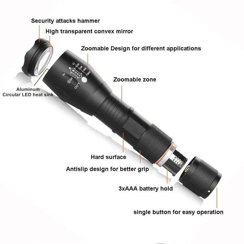 T6 Mocne światło Latarka LED Samoobrona Stop aluminium Teleskopowy zoom z baterią Zewnętrzny reflektor Zdalna latarka