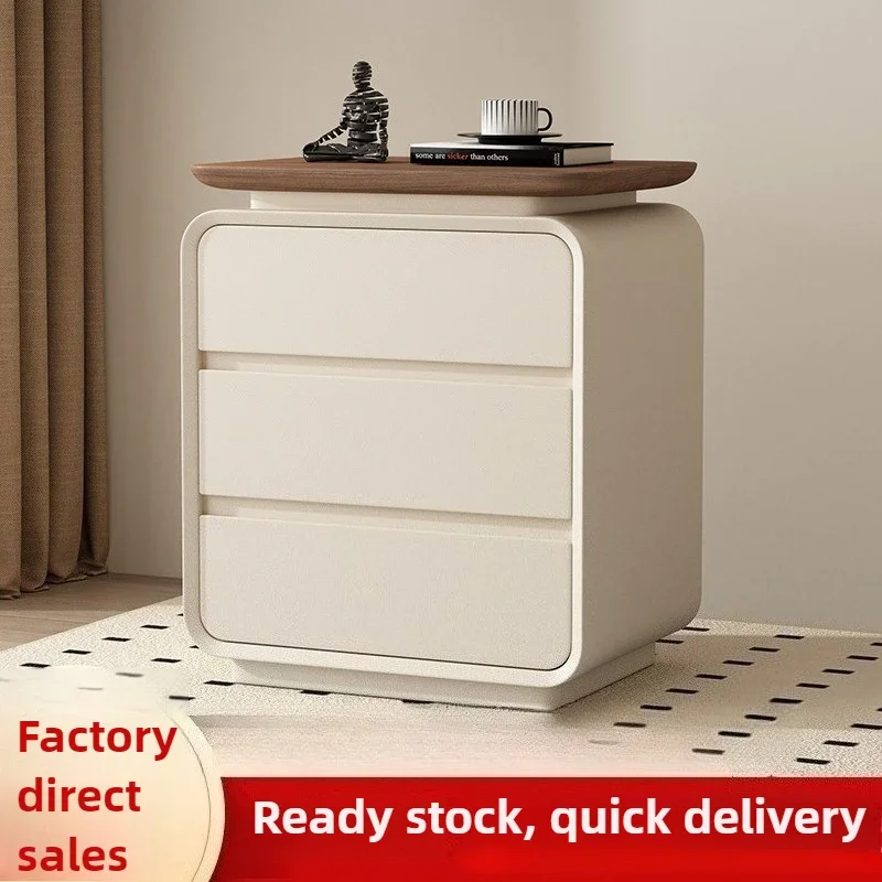 Stable Italian minimalist solid wood bedside table, creamy style, light luxury, high-end three-layer storage sturdy and durable