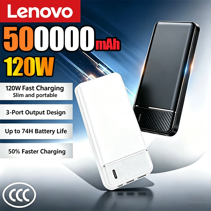 Lenovo 500000mAh Portable Power Bank 120W Large Capacity Super Fast Charging Powerbank Outdoor Travel External Battery 2027 New