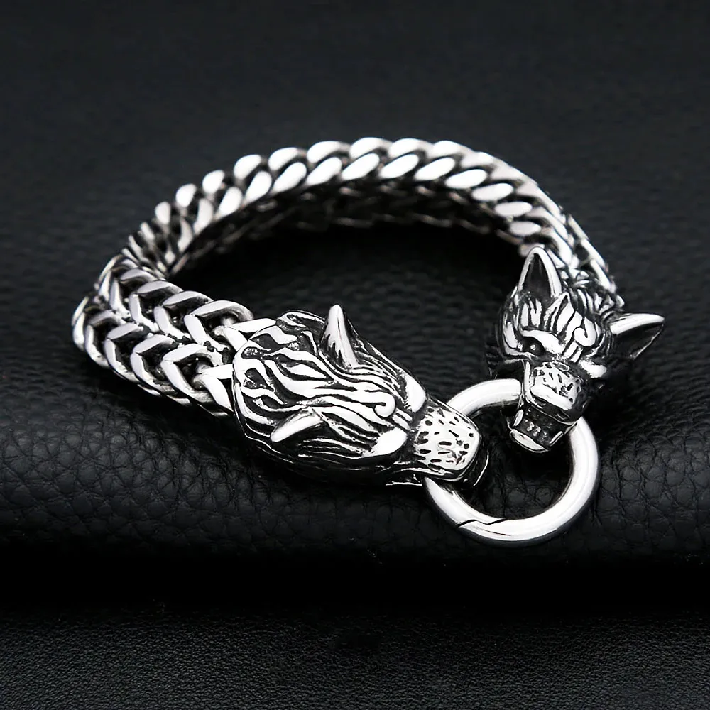 Vintage Viking Wolf Head Heavy Cuban Chain Stainless Steel Bracelet For Men Women Hip Hop Rock Personality Fashion Jewelry Gifts