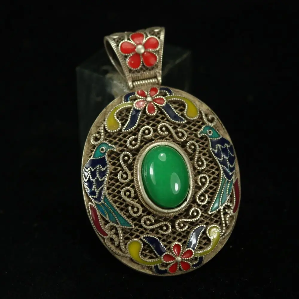 Rare Chinese Jade Inlay Tibet Silver Enamel Craft Flowers Birds Necklace Pendant