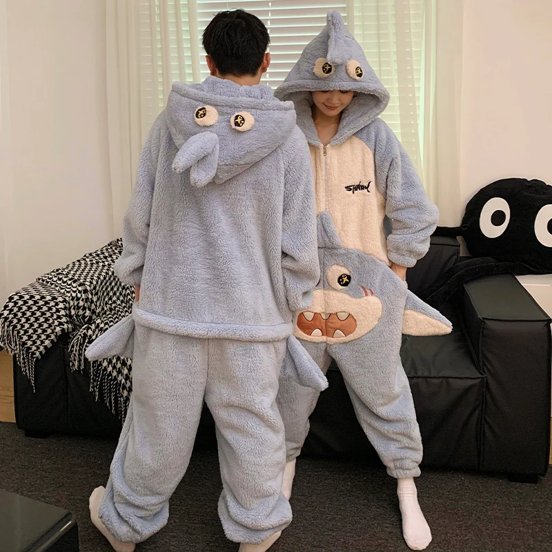 Lovely Whale Sleepwear Women Men Pajamas Onesie Winter Thicken Pyjama Jumpsuit Kawaii Zipper One-piece  Kigurumis Couples Unisex