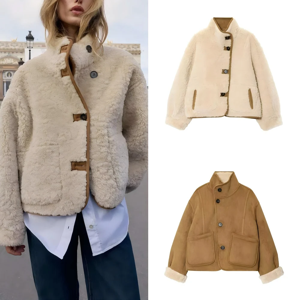 

Women's new fashion short Contrasting stand collar imitation lamb wool coat retro long sleeved buttoned women's coat chic top