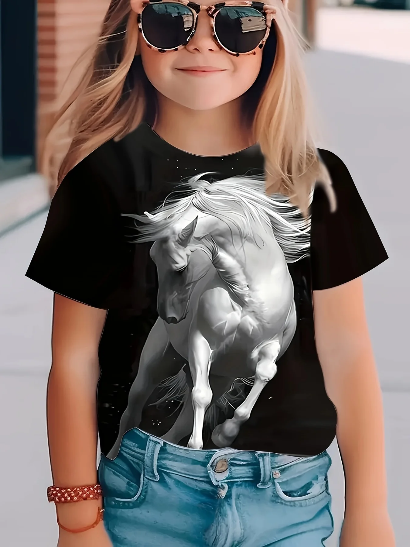 

Children's Clothing 3D Horse Graphic T Shirts Short Sleeve Girls Clothes Round Neck Children Top Fashion Tee Summer Kids T Shirt