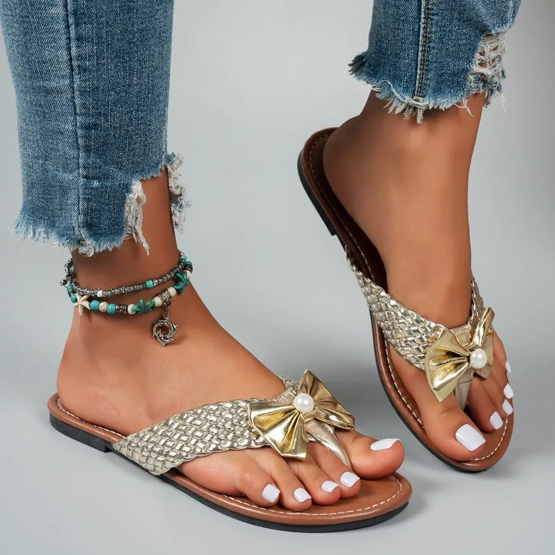 Sandal Jepit Wanita Datar Musim Panas Sepatu Pantai Kasual Sepatu Pita Modis Sandal Slip On Solid Wanita Slide Luar Ruangan Wanita