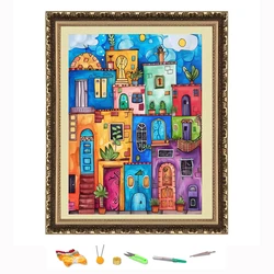 Cross Stitch Embroidery A Colorful Patchwork House Thread Drawing DIY Needlework Kit Decorate Printed on Canvas 11CT