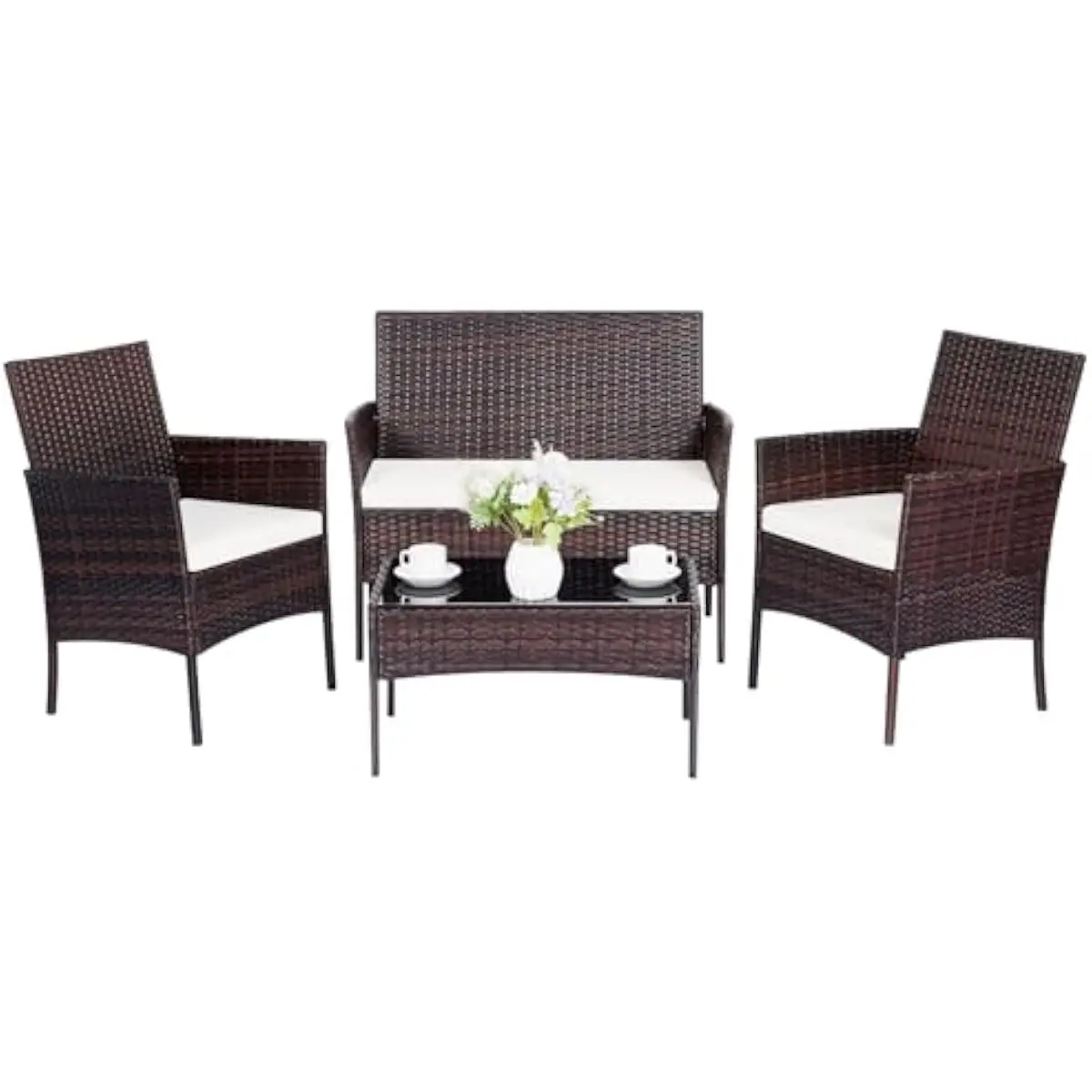 4-Piece Outdoor Rattan Seating Set Featuring Two Armchairs One Loveseat and Tempered Glass Table Ergonomic Design Weatherproof P