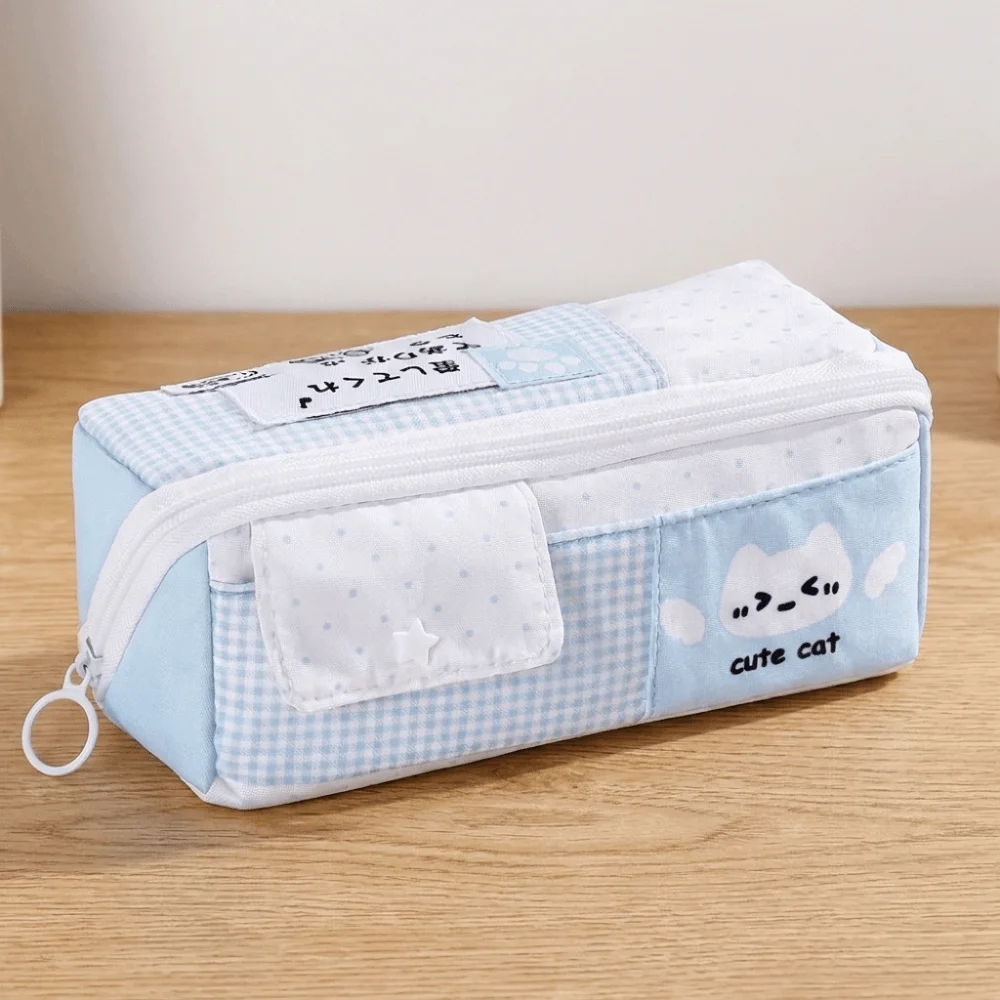 New Cartoon Cat Pattern Pencil Case Cream Color Polka Dot Multi-Layer Pen Bag Stylish Practical Stationery Organizer Office