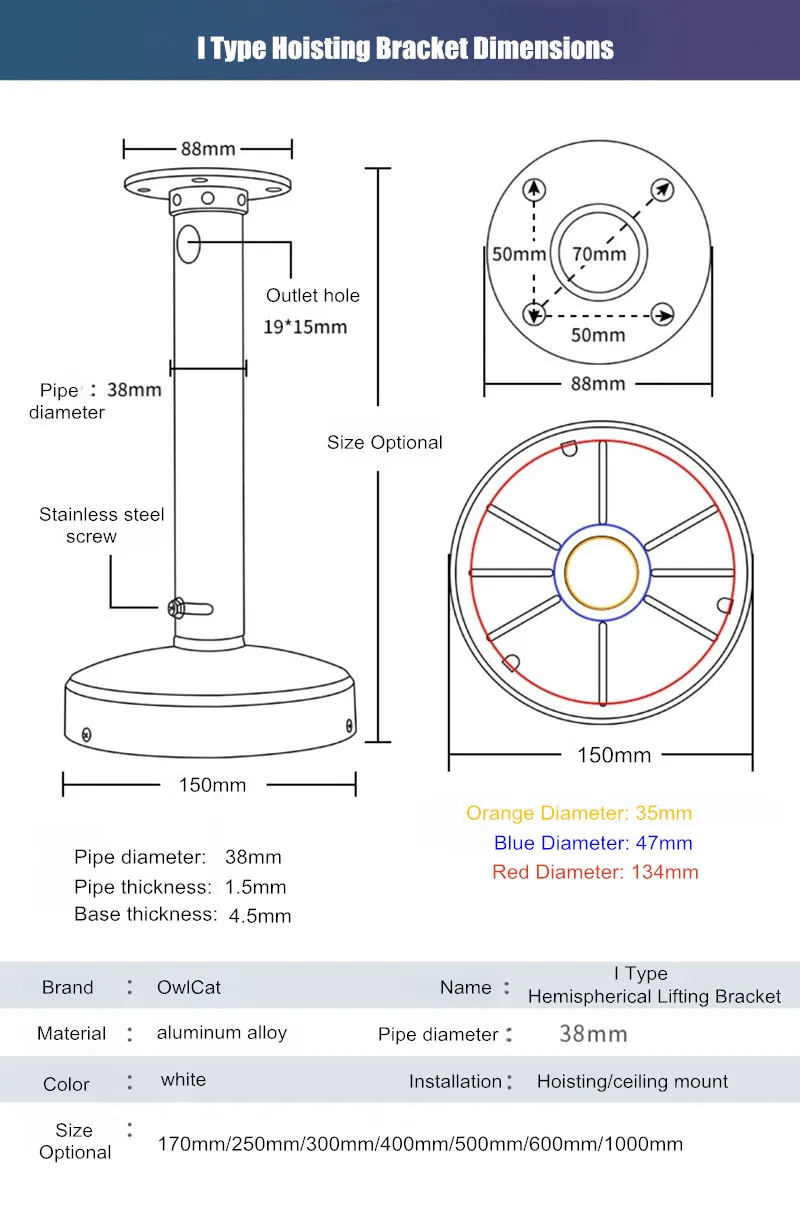 Aluminium-Dome-Kamera-Teleskophalterung für Hikvision Dahua, halbkugelförmige Panoramakamera, an der Wand montierte Hebe-Verlängerungsstange – Detail 6