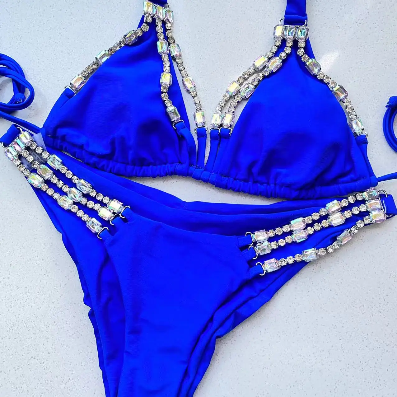 2023 Jewelled Rhinestone Bikini Set Women Royal Blue 2 Piece Swimsuit Luxury Bathing Suit Cover Ups Swimwear