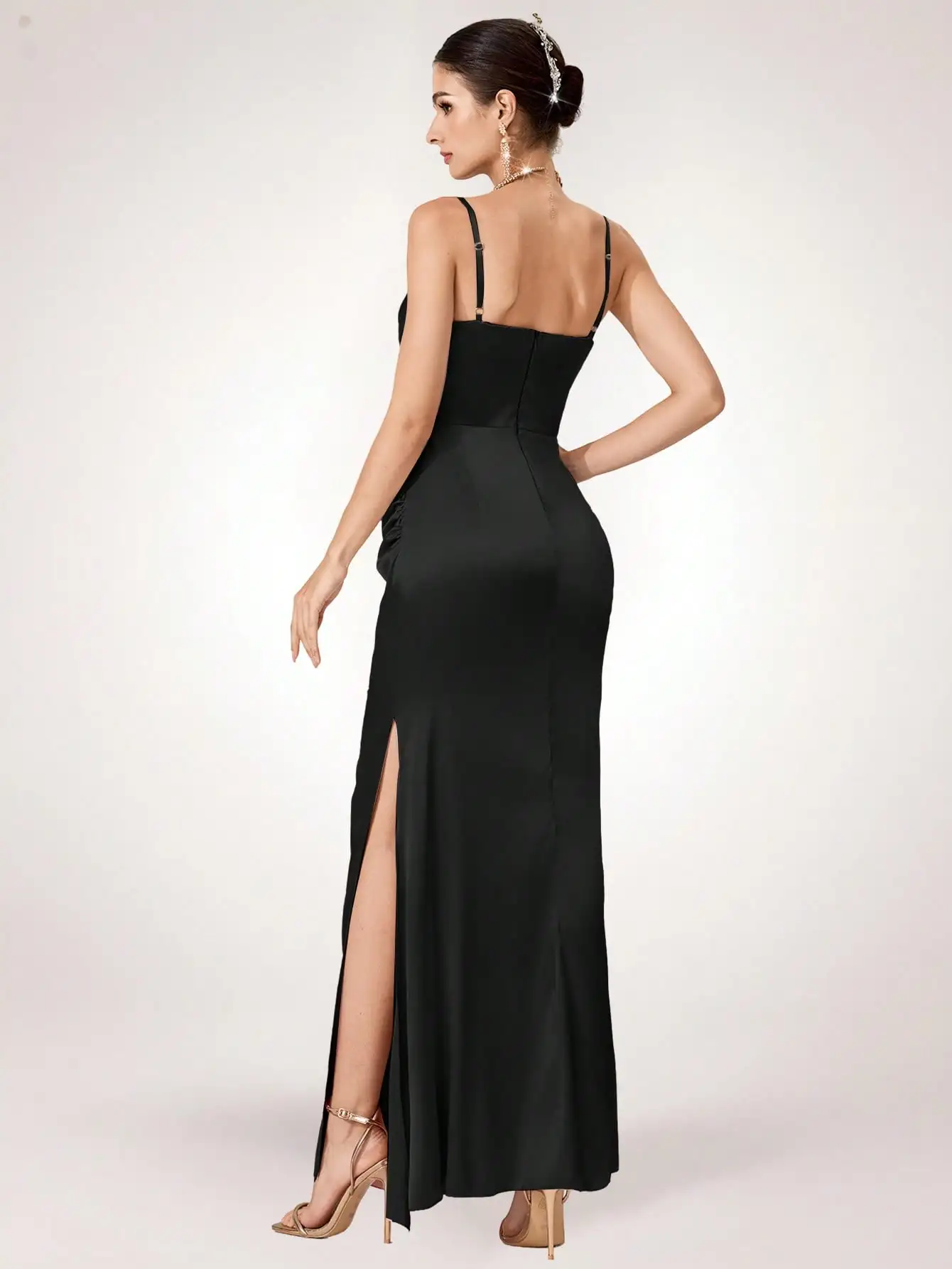 Robe de soirée longue en satin noir avec corset transparent orné de strass, coupe amincissante pour bal de promo, mariage, fête