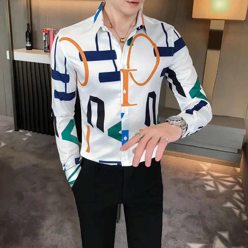 Herren hemd Grafik geometrische bunte regelmäßige Herren hemden mit Kragen Hipster Slim Fit koreanischen Stil hochwertige Luxus Verkauf i