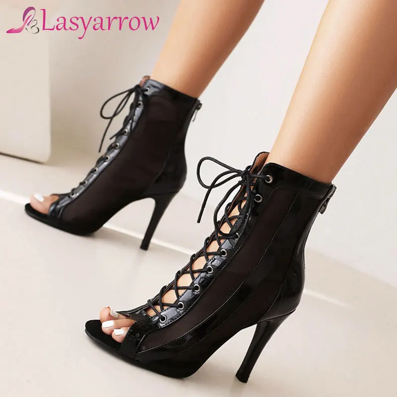 

Lasyarrow New Jazz Dance Shoes for Ladies Sexy Comfortable High Heels Peep Toe Zipper Ankle Boots High Quality Air Mesh Sandals