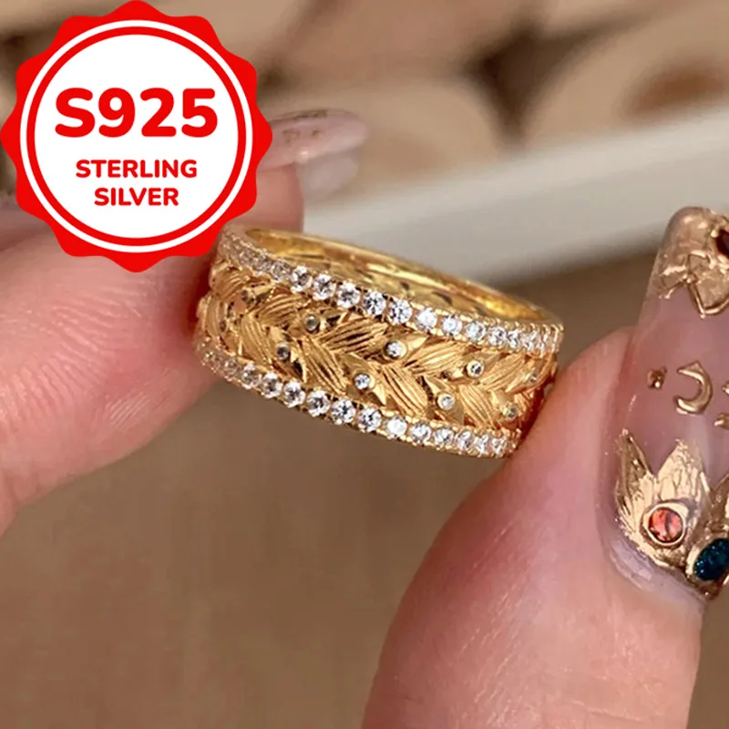 925 sterling silver elegant everyday versatile middle-aged golden wheat synthetic zircon ring light luxury temperament ring