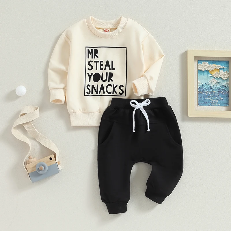 Toddler Baby Boy Girl Clothes Mr Miss Steal Your Snacks Funny Letter Print Top Elastic Waist Pockets Long Short Pant Set 2Pcs