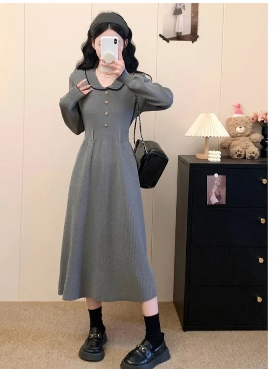 

Новая женская осенне-зимняя вязаная платье-миди больших размеров с длинным рукавом, воротником-стойкой, А-силуэтом, утягивающим поясом и эффектом утяжки живота