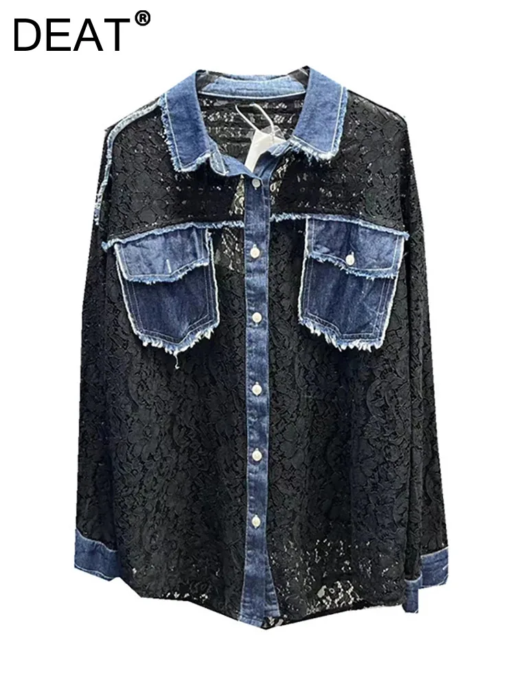 DEAT Women\'s Shirt Denim Turn-down Collar Flowers Embroidery Lace Thin Single Breasted Blouse 2024 Autumn New Fashion 11XX9152