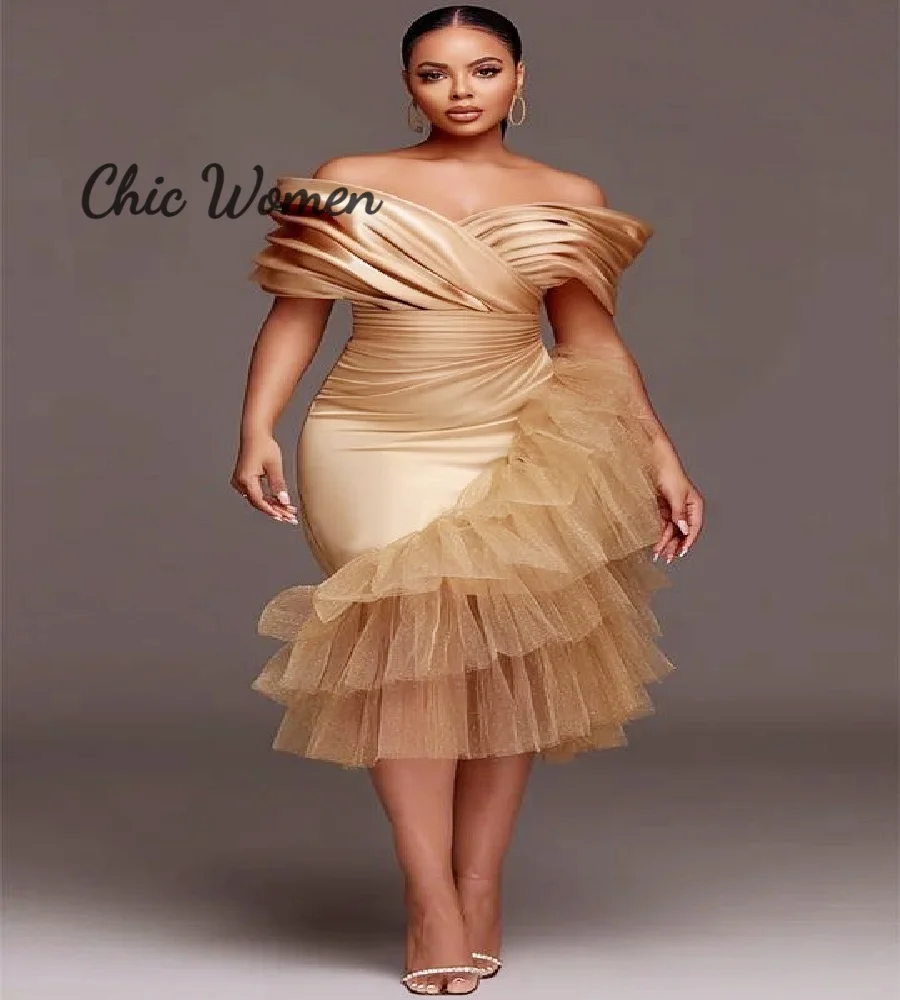 

Chic Gold Midi Evening Dress Off Shoulder Black Girls Prom Dress Ruffles Short Birthday Dress 2025 Night Cocktail GownCustomized