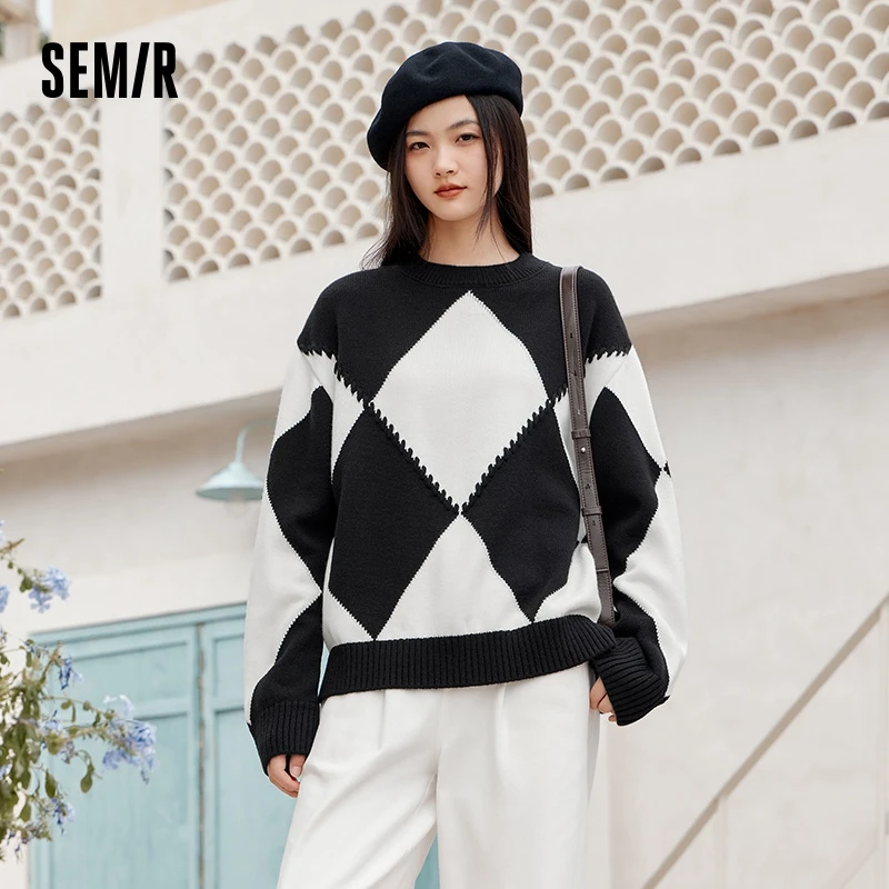 Semir Sweater Women Loose Lazy Temperament Pullover Retro Winter Gentle Rhombus Pattern Round Neck Fashion Sweater