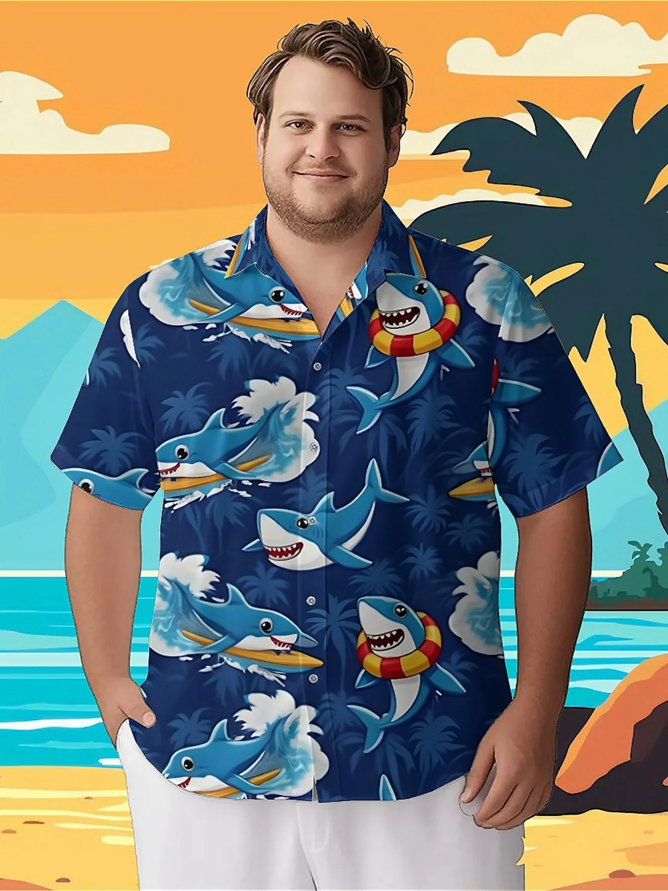 

Men's Plus Size Hawaiian Shirts Tropical Shark Beach Party pattern, Summer Casual Tops, Suitable for Outdoor Party, Streetwear