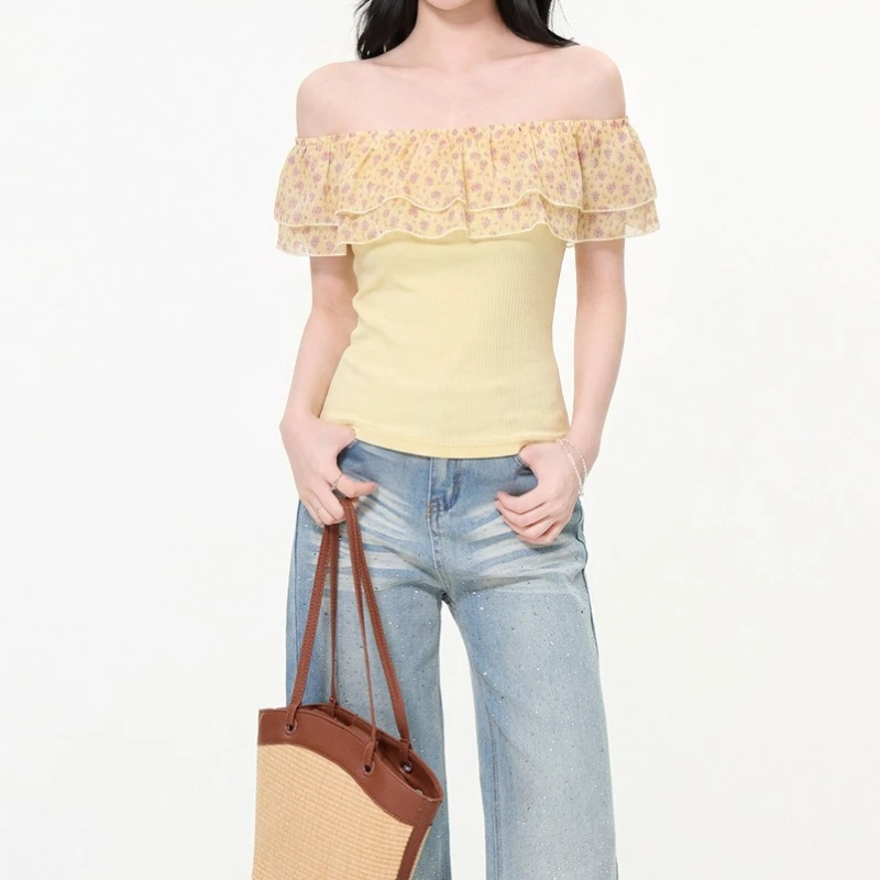 2026 Rural Style Floral Ruffle Edge Single Neck Slim Fit Small Fresh Short Sleeved T-shirt for Women