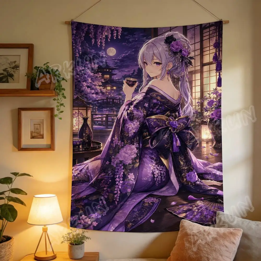 Cute Purple Kimono Anime Girl Tapestry, Moonlit Wisteria Night Japanese Scenery Traditional Oriental Aesthetic Wall Art Decor