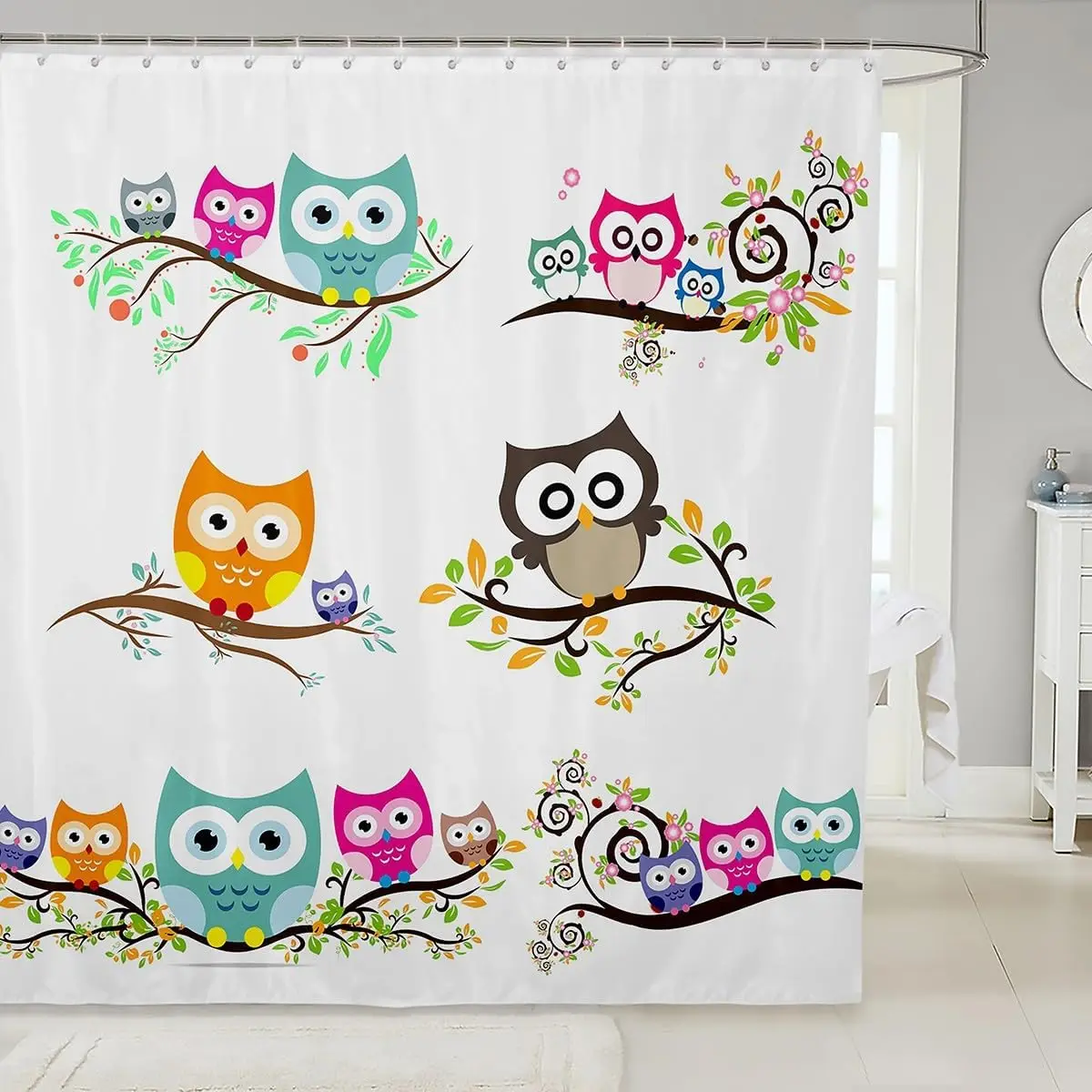 

Cartoon Owl Shower Curtain Kids Cute Animal Floral Leaf Printe Bathroom Shower Curtain Set Bird Branches Decorative Bath Curtain