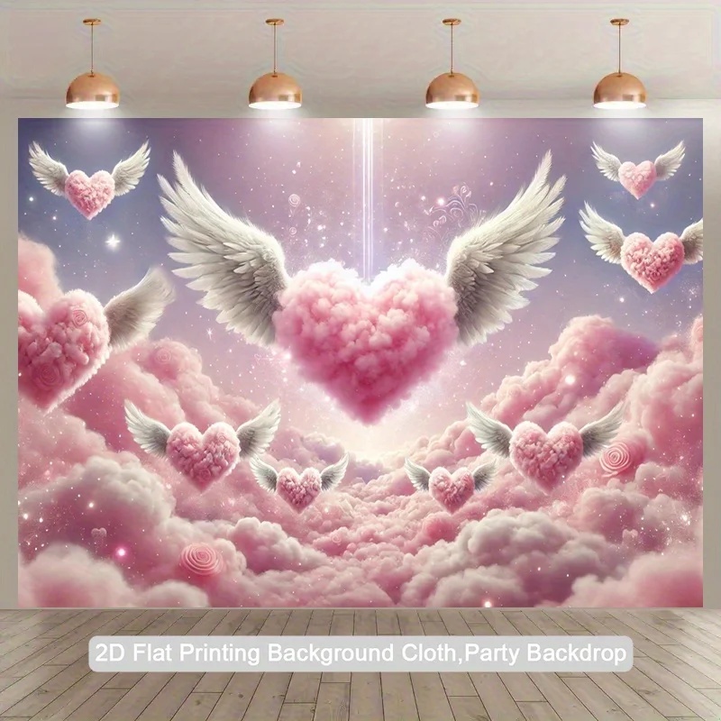 1 أجنحة الملاك الوردي الفاتح والأبيض على شكل قلب نسيج مسطح ثنائي الأبعاد - خلفية صورة ذاتية اللصق مع فيونكة كيوبيد #1