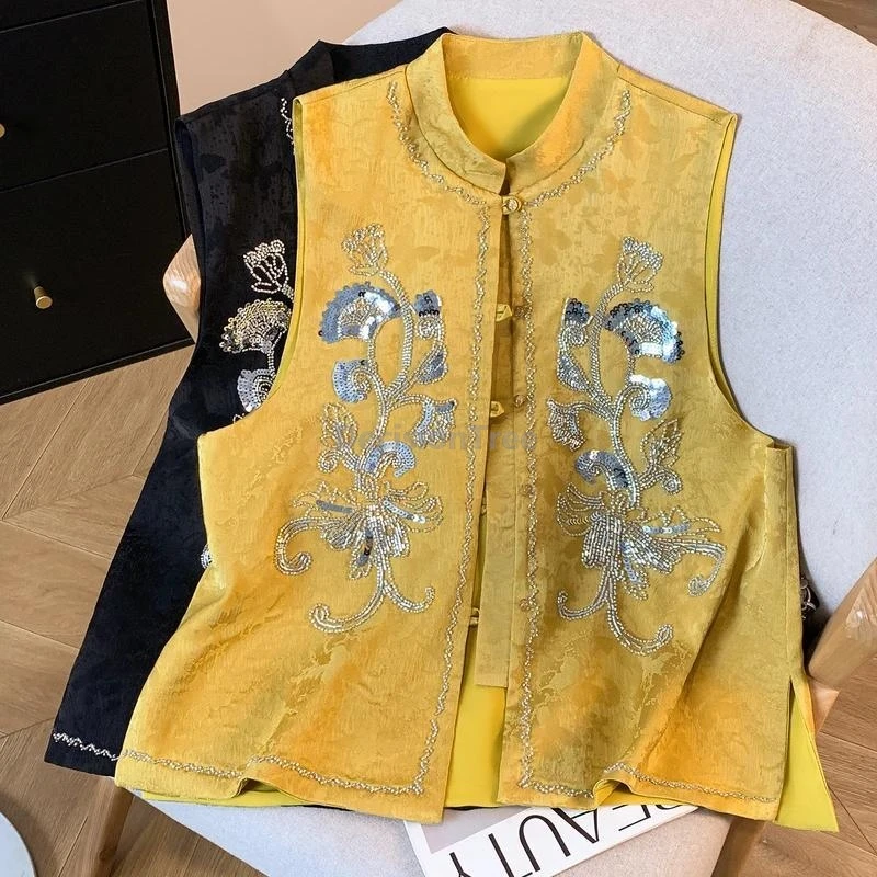 

Luxury Chinese Style Women Vest Beaded Sequins Loose Single-breasted Vest Spring Coat High-end Embroidery Daily Fashion Jacket