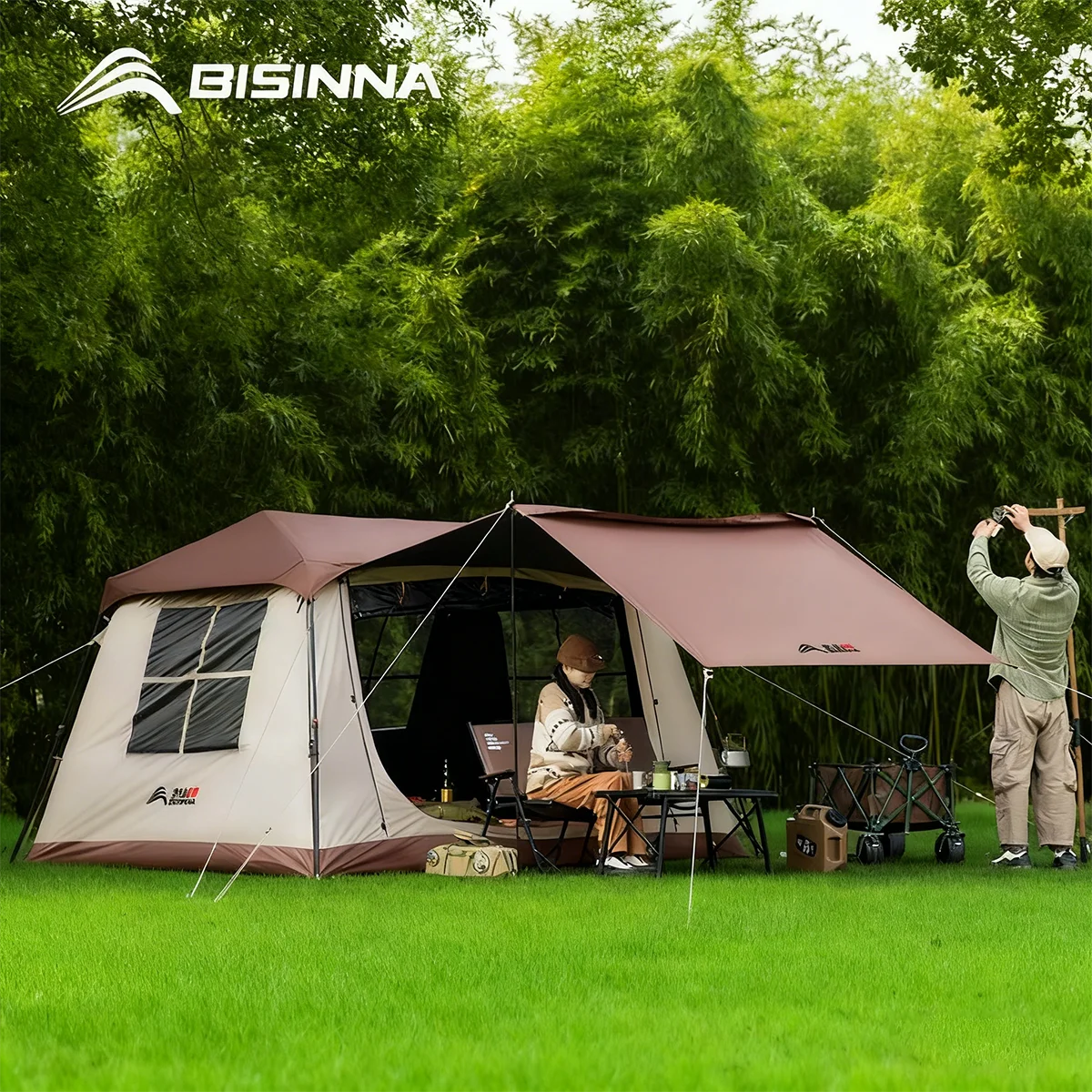 

BISINNA 6-8 Person Family Automatic Camping Tent Quick Setup Vinyl Coated Ridge Tent With Canopy for Outdoor Travel Picnic Beach