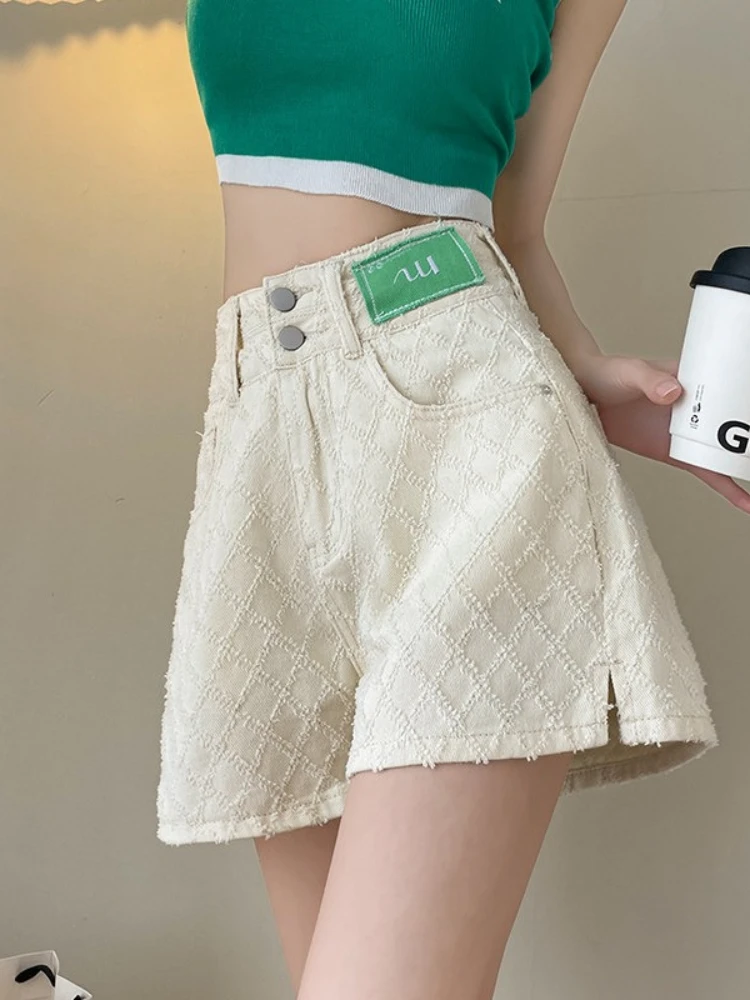Diamond grid jacquard denim shorts women in summer thin split design sense casual fashion high waist versatile shorts