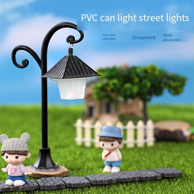 مصباح شارع LED صغير نموذج ريترو من البلاستيك ضوء المناظر الطبيعية الصغيرة مع تمثال حديقة الجنية ضوء ليلي صغير على سطح الطاولة للمنزل