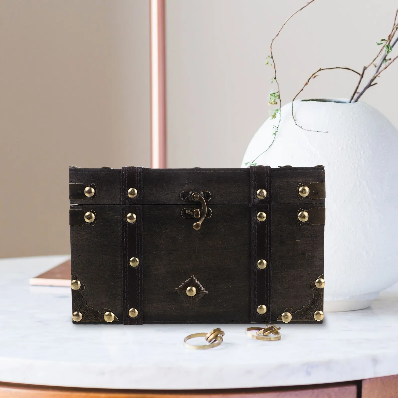 

Jewelry Wooden Storage Box Vintage Large Treasure Chest Dark Grey Lock Gem Organizer Case Toys Keepsake Trunk Chest Home Decor