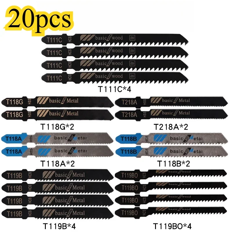 20 Pcs/set Jigsaw Blades T-Shaft HCS Assorted JigSaw Blades for Wood Plastic and Aluminum Fine and Medium Tooth Saw Blades