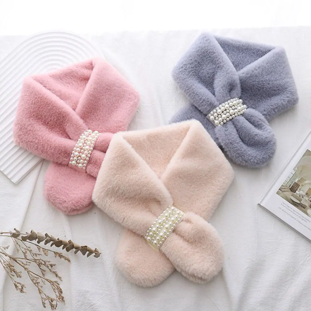 

Cute Thickened Pearl Plush Scarf Faux Rabbit Fur Cross Warm Korean Style Scarf Soft Neck Warm Ring Winter Keep Warm