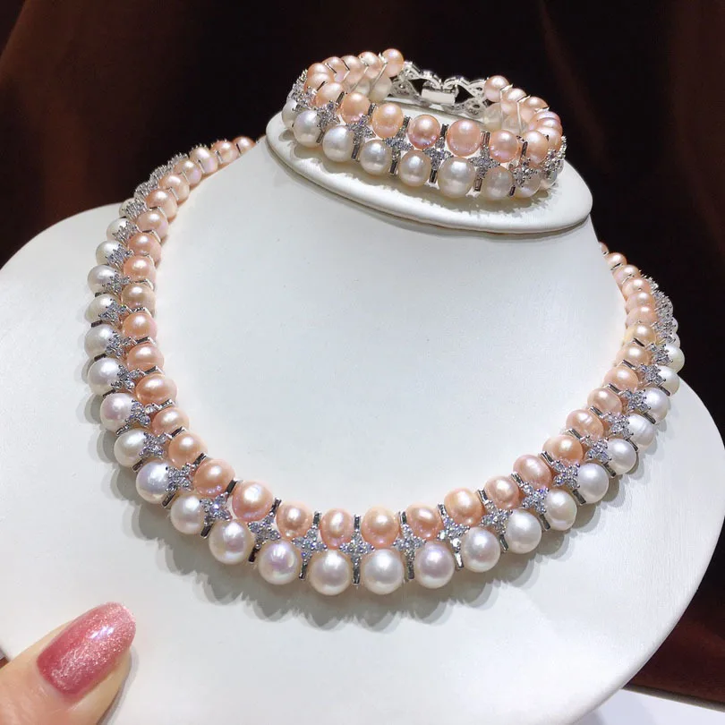 one set 2rows freshwater pearl white/pink near round 7-9mm necklace/bracelet FPPJ wholesale  zircon hook