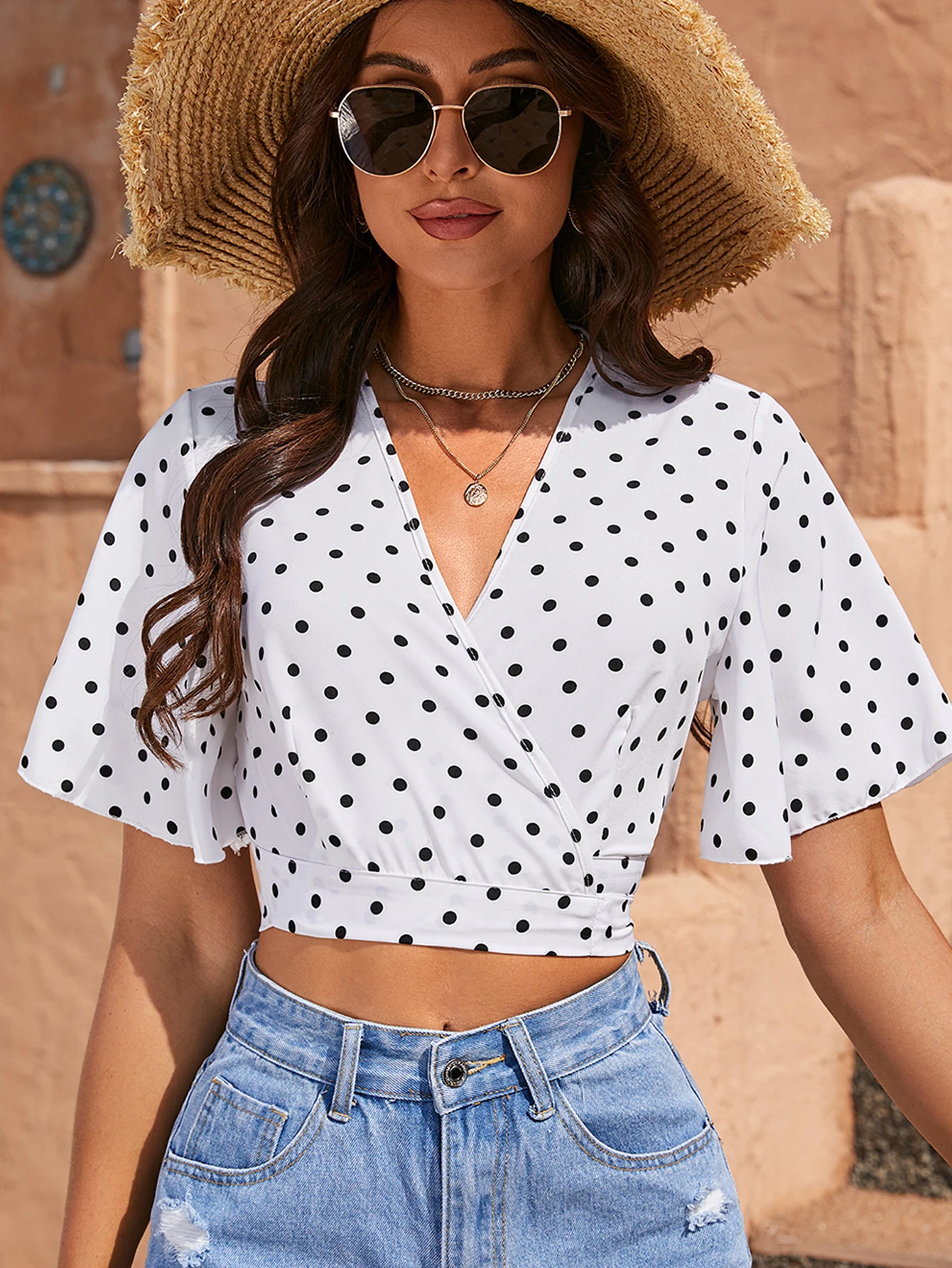 Fashion Elegant Back Bandage Women Crop Tops With Ruffled Sleeves Retro Classic Polka Dot Chiffon Shirts for Ladies