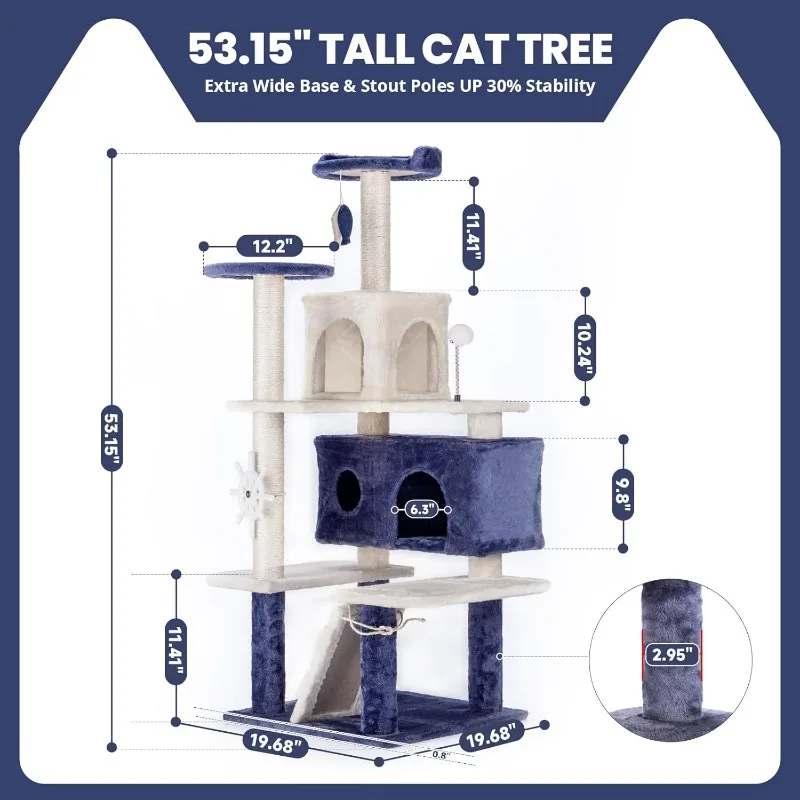 53 Inch Ocean Theme Cat Tree Tower, Multi-Level Cat Furniture with Cozy Condo, Scratch Posts, Toy Ball, Luxury Apartment