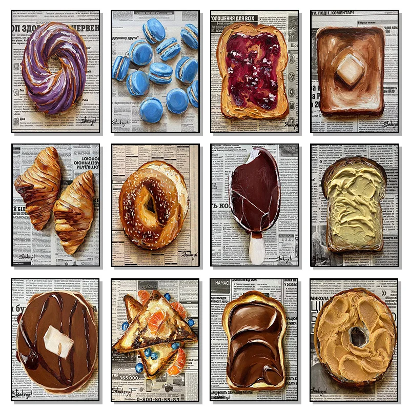 Newspaper Art Dessert Painting Posters Croissant Macarons Donut Ice Cream Canvas Printing Wall Picture for Bakery Kitchen Dec