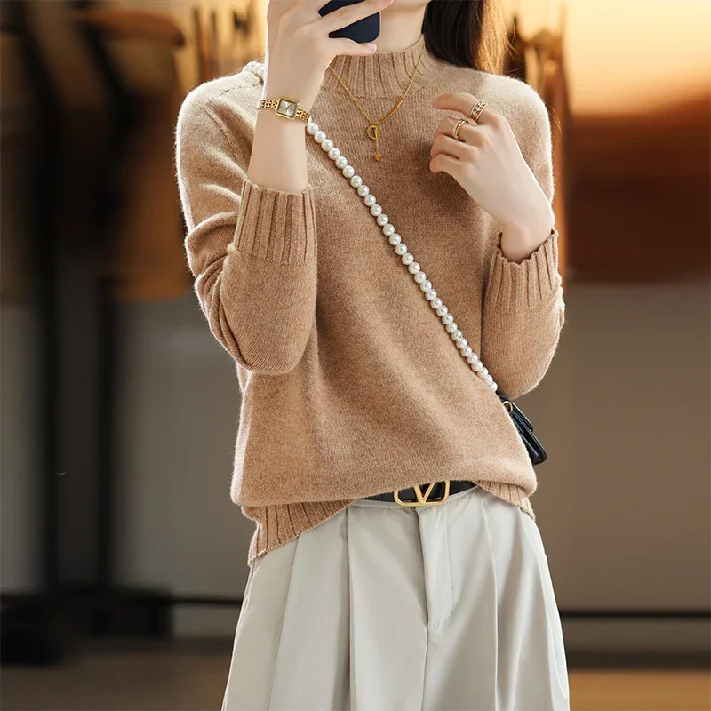 

Tailor Sheep Women Korean Fashion Jumper 100% Pure Wool Half High Neck Pullover Autumn and Winter Cashmere Sweater Casual Knit